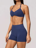 Seamless Yoga Suit Women Exposed Back Pleate Sports Bra High Waist Shorts Fitness Sets Outdoor Running Athletic Wear Tracksuit