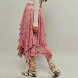 Women's Solid Color Midi Skirts Lace Elastic High Waist Skirts Spring Summer Sweet Irregular Hem Casual Skirts