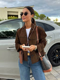 Foridol Buttons Brown Suede Jacket Autumn for Women Pockets Casual Turn Down Collar Short Jacket Femme Veste Chic New Coat