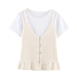 Fashion Casual Hollow-out Knitwear Women Cream White Crochet Knit V Neck Button Front Ruffle Hem Sleeveless Casual Crop Top 38V2