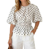 Women's Summer Puff Sleeve Tops Fashionable Dot Print Round Neck Cinched Waist T-shirts for Casual Daily Wear