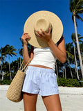 Summer Womens Casual Shorts Elastic Waist Plaid/Striped Print Button Front Shorts Casual Beach Going Out Pants