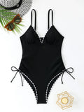 2026 Strappy Swimsuit One Piece Drawstring V-neck Swimwear Women Sexy Black Bathers Bathing Swimming Swim Suit Female Beachwear