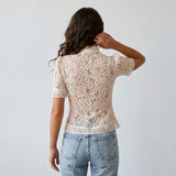 Summer Women's Retro Shirts Sheer Lace Blouse Elegant Stylish Button Down Short Sleeve Tops Casual Sexy