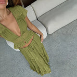 FDYOUI Sexy V-neck Lace Patchwork T-shirt Tops+Long Skirt 2 Piece Set Women's Summer Green Holiday Party Dress Suit Streetwear