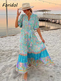 Foridol Single Breasted Bohemian Holiday Summer Women Dress Belt Casual Loose Maxi Floral Dress Short Sleeve Long Viscose Dress