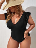VigoJany 2026 Solid Sexy Plus Size Swimwear Women Ruffle Short Sleeve Large One Piece Swimsuit Summer Beach Chubby Bathing Suit