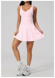 Bodycon Tennis Dress with Shorts Pocket Women Speed Dry Sleeveless V Neck One Piece Sport Outfit Short Dress Fitness Yoga Set