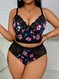 Lace Floral Print Lingerie Set Sexy Wireless Bra Plus Size Push-Up Thin Breathable Seamless Adjustable