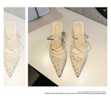 BIGTREE Crystal Mesh Fabric Pointed Toe Slippers Women Sexy Elegant Buckle Strap Party Prom Thin Low Heels Mule Shoes