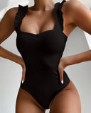 2023 Vintage Swimsuit Women One Piece Ruffle Strap Swimwear Female Push Up Monokini Padded Beach Bathing Suits Black Bodysuits