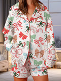 Women's 2025 Satin Christmas Pajama Set Long Sleeve Lapel Bow Print Shirt Wide Leg Shorts Loose Two Pieces Sleepwear