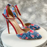 New Denim Fashion Denim color blocking  Sandals High Gladiator Heels Ladies Office Shoes  Plus Big Size45-46 12cm slim heel