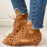 Wedge Sandals for Women 2023 Summer Shoes Fashion Lace Up Low Heel Flat Ladies Sandals Large Size Casual Hollow Out Sandalias