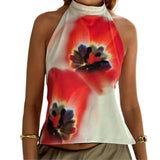 Women Halter Tops Sleeveless Backless Dots/Flower Print Summer Vest for Club Party Summer Tank Top