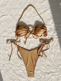 sexy metallic gold glitter halter bikinis sets two pieces v-waist tie halter thong swimsuit bathing suit swimwear biquini bakini