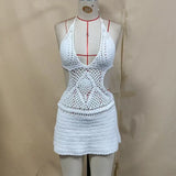 Women Swim Cover Up Cutout Sleeveless Backless V Neck Party Beach Mini Dresses Solid Color Crochet Halter Dress