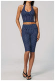 New Summer Women White Polka Dot Print Yoga Sets Hanging Neck Slim Sport Vest High Waist Mid Pants Gym Two-piece Workout Clothes