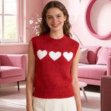 Women 2026 Sleeveless Crew Neck Pullover Fashion Daily Wear Top Cute Heart Print Pink Knitted Vest