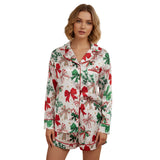 Women's 2025 Satin Christmas Pajama Set Long Sleeve Lapel Bow Print Shirt Wide Leg Shorts Loose Two Pieces Sleepwear