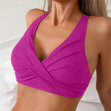 Womens Ribbed Knit Cross Front Bikini Top Racerback Padded Swim Tops Crop Style Bathing Suit Bikini Bra For Summer Beach Pool