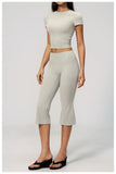 Yoga Set for Women High Waist Hip Lifting Tight Mid Pants Fitness Suit Short Sleeve O Neck Slimming Sports T Shirt Athletic Wear