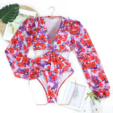 One Piece Swimsuit Sexy Long Sleeve Tropical Print Swimwear Women Bandage Monokini Hollow Out Bathing Suit String Beachwear 2023