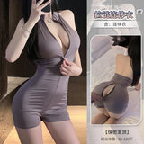 Sexy Schoolgirl Two-way Zipper Open Chest Crotch Bodysuits Deep V Suspenders Sleeveless Bodysuits Charming Thin Casual Hot 15T6