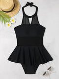2026 Halter String Solid Swimsuit One Piece Sexy Black MeshSwimwear Women Bathing Suit Female Swimming Summer Beachwear Bodysuit