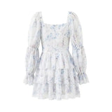 Sweet Long-sleeve Dress For Women Pleated Printed Short Women White Floral Print Mini Dress Long Puff Sleeve For Beach 96U3