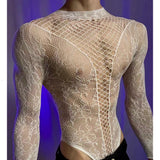 New American Style Fashion Men Vests Tops Crew Neck Sexy Hollow  Mesh Bodysuit Casual  Long Sleeve Tank Clubwear Party Costume