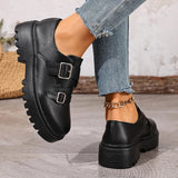 Fashion Double Buckle Platform Loafers Women British Style Thick Bottom Pu Leather Shoes Woman Comfort Round Toe Student Shoes