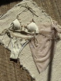 With Mesh Sarong Wrinkled Halter Shell Bikini Female Swimsuit Women Swimwear Three-pieces Bikini Set Bathing Suit Swim Beachwear