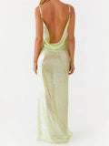 Women Shiny Sequins Dress Summer Draped Backless Spaghetti Strap Party Dress for Vacation Cocktail Beach Streetwear