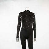Women Rhinestone Fishnet T-shirt Solid Color Long Sleeve Crop Tops See Through Hollow Out Sexy Shirts Female Smock Tops