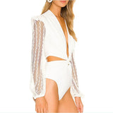 2026 New Sexy One Piece Swimsuit Swimwear Women Solid Hollow Lace Mesh Long Sleeve Deep V-neck One-piece Bathing Suit Beachwear