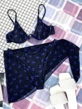 Marble Print V-Bar Underwired Bikini Women Swimsuit Female Swimwear Three-pieces Bikini Set Push Up Bathing Suit Beach Sarong