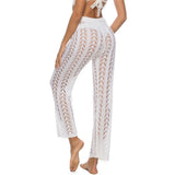 S - XL Women Crochet Knitted Beach Pants Hollow Out Elastic Straight Casual Trouser Holiday Beach Wide Leg Bikini Cover Up V2651