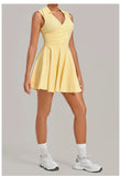 Summer Women Solid Tennis Dresses Sleeveless Turn Down Collar Pleated Skirts with Detachable Pocket Shorts Slim Yoga Golf Dress