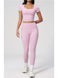 2PC Color Contrast Yoga Suit Women Short Sleeve Square Collar Slim Sports Top Fitness Suits Outdoor Exercise Leggings Tracksuit