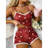 Women's Two-Piece V-Neck Suspender Lace Lace Printed Top and Shorts Women's Casual Printed Pajama Set