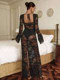 Sexy see-through lace jumpsuit fishbone tight long-sleeved black hottie dress
