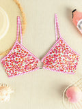 Rose Red Flower Print Bikini Set Women 2026 Summer New High Waist 2 Piece Swimsuit V-neck Bra Push Suspender Backless Swimwear