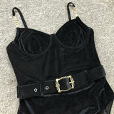 Ribbed Push up Underwired Metal Chain Women Swimwear One Piece Swimsuit Female Waist Belt Monokini Bather Bathing Suit Swim Lady