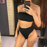 S - XL Bandeau Wrinkled Female Swimsuit High Waist Bikini Women Swimwear Two-Pieces Bikini Set Bather Bathing Suit Swim V5904