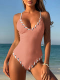 V Neck Wrinkled Ribbed Cross Backless One Piece Swimsuit Women Swimwear Female High Leg Cut Monokini Bather Bathing Suit Swim