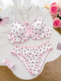 Sweet Floral Print Women Lingerie Set Bow Ruffle Trim Underwire Bra Comfy ladies Panties Daily Bra Set