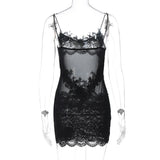 FDYOUI Spaghetti Strap See-through Mesh Dress Women Sleeveless Lace Patchwork Mini Party Dresses White Black Night Club Outfit