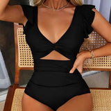 Women Monokini V-Neck Ruffle Sleeve One-Piece Swimsuit Solid Color High Waist Tummy Control Bathing Suit