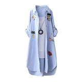 Women Mid Length Shirt Cartoon Embroidery Loose Irregular Hem Turn-down Collar Single-breasted Sun Protection Long Sleeves Top
